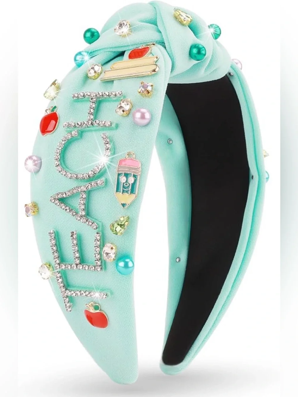 Embellished Teacher Mint Green Teal Knotted Headband with Crystal Accents